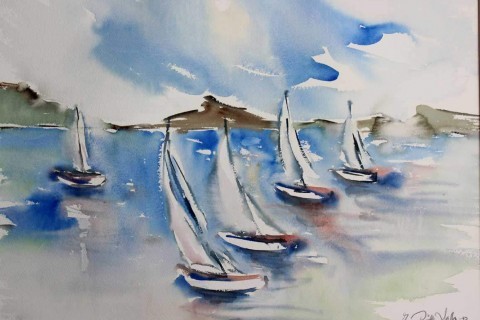 Akvarelli Purjeveneiden lähtö merelle