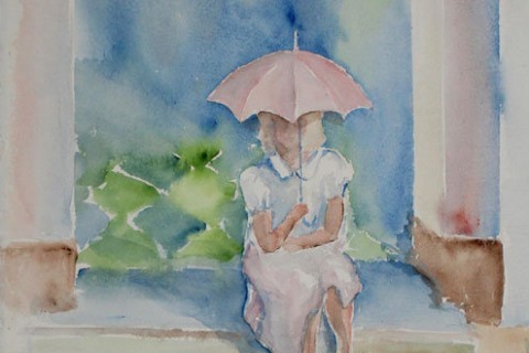 Akvarelli Pikku pariisitar istuu portailla vaaleanpunainen sateenvarjo avattuna